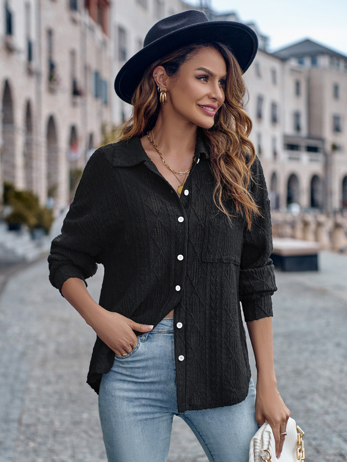 Fashion Women's Lapels Single-breasted Solid Color Loose Long Sleeve Blouse