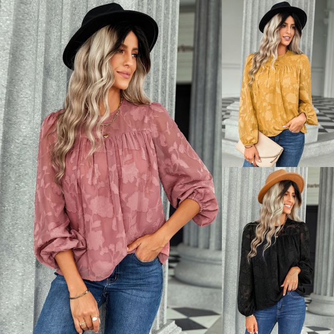New Stylish Jacquard Crewneck Loose Lace Blouse