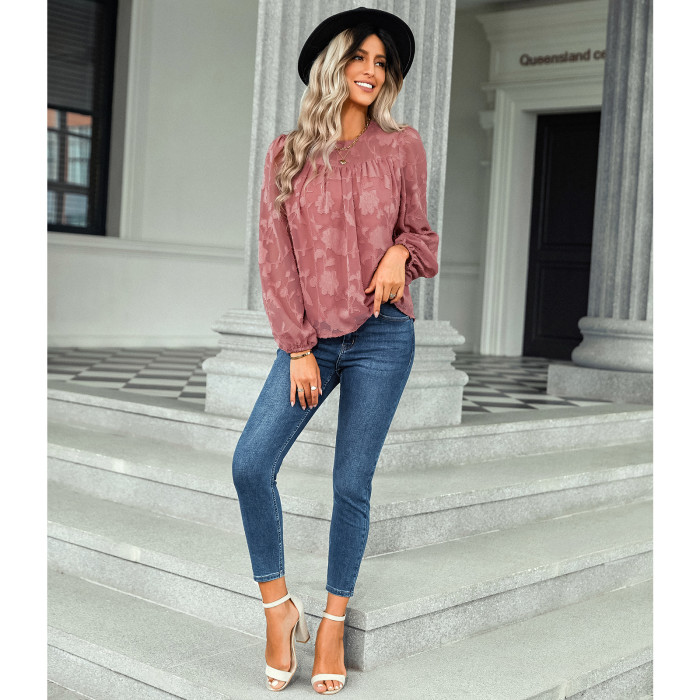 New Stylish Jacquard Crewneck Loose Lace Blouse