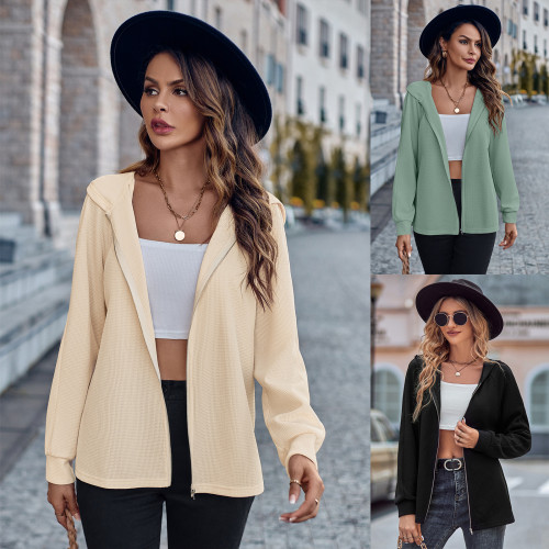 Casual Women's Solid Color Long Sleeve Slim Fit Hooded Knit Coat