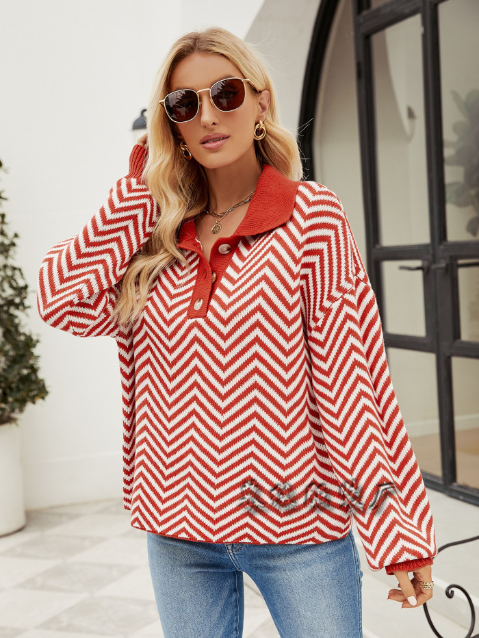 New Women's Fashion Striped Knit Long Sleeve Lapel Sweater