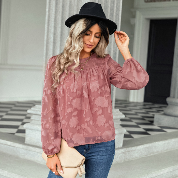New Stylish Jacquard Crewneck Loose Lace Blouse