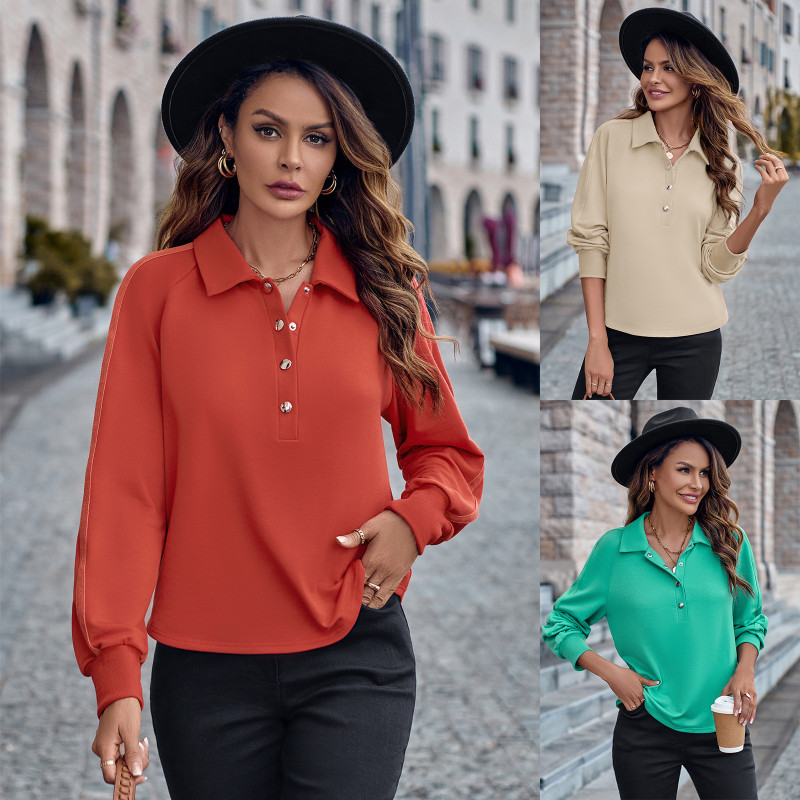 Fashion Casual Women's Lapels Solid Color Slim Knit Long Sleeve T-Shirt
