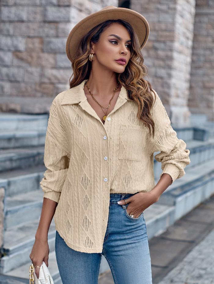 Fashion Women's Lapels Single-breasted Solid Color Loose Long Sleeve Blouse