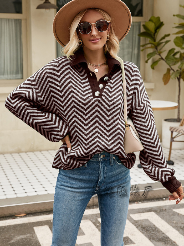 New Women's Fashion Striped Knit Long Sleeve Lapel Sweater