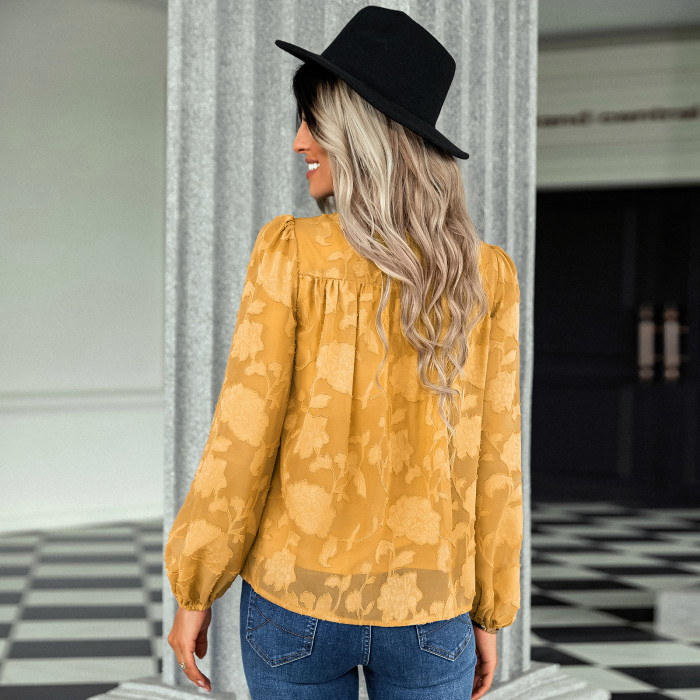 New Stylish Jacquard Crewneck Loose Lace Blouse