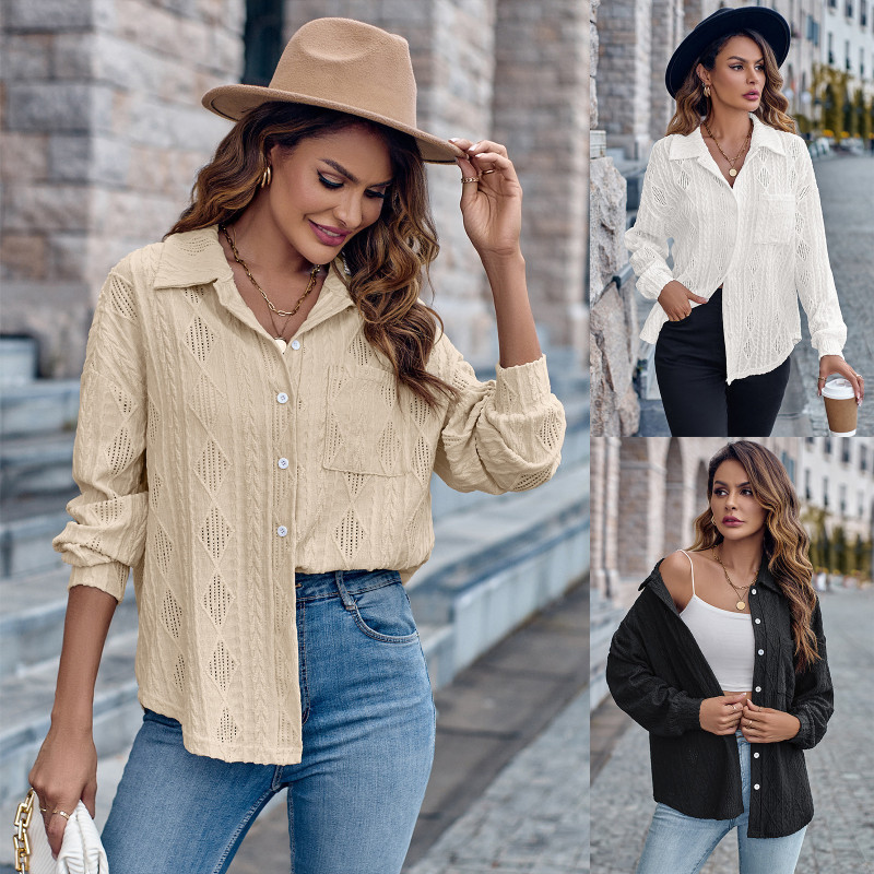 Fashion Women's Lapels Single-breasted Solid Color Loose Long Sleeve Blouse