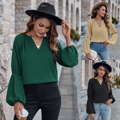 Fashion Women's New Solid Color V-neck Loose Casual Top Blouse