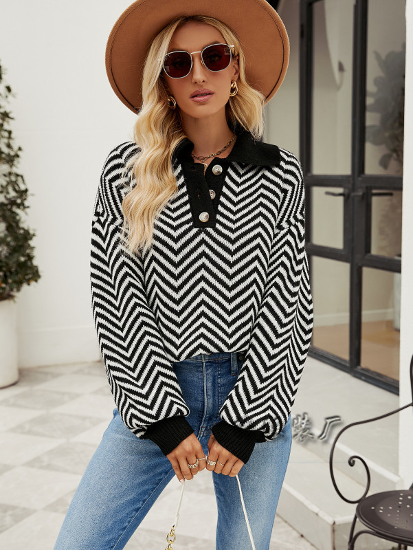 New Women's Fashion Striped Knit Long Sleeve Lapel Sweater