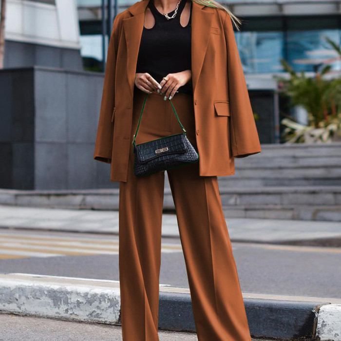 New Solid Color Women's Casual Suit + Trousers Two-piece Set