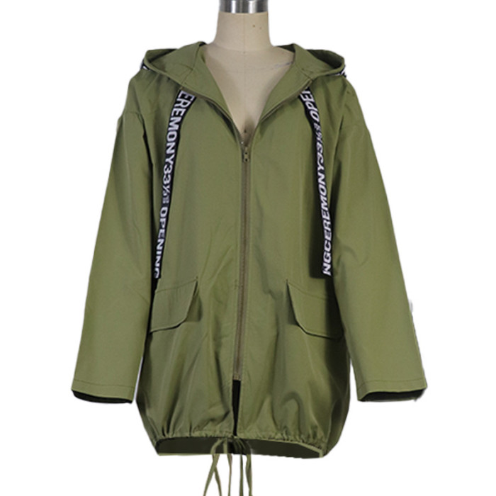 Women's Casual Loose Hooded Zipper Solid Color Jacket