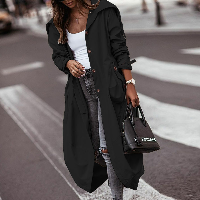 Women's Texture Loose Hooded Mid-length Trench Coat