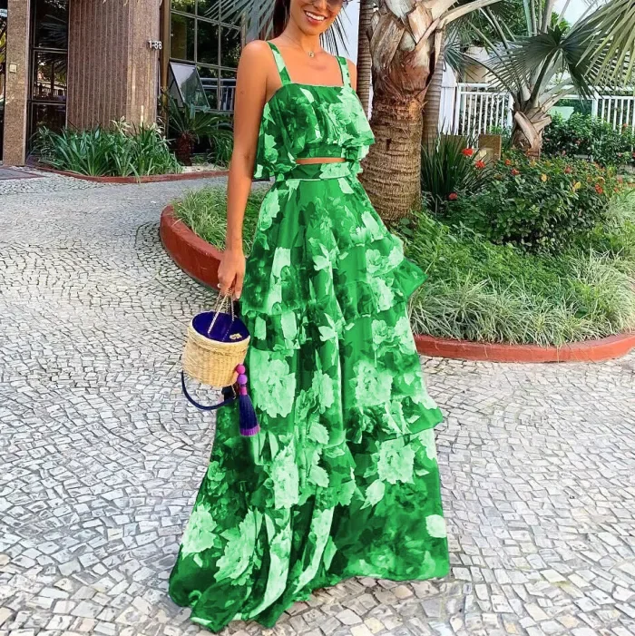 Women's Fashion Slip Top + Printed Ruffled Skirt Two-piece