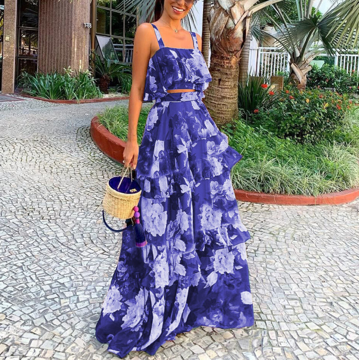 Women's Fashion Slip Top + Printed Ruffled Skirt Two-piece