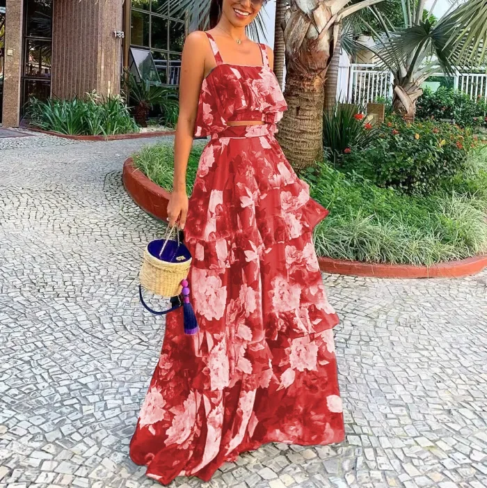 Women's Fashion Slip Top + Printed Ruffled Skirt Two-piece