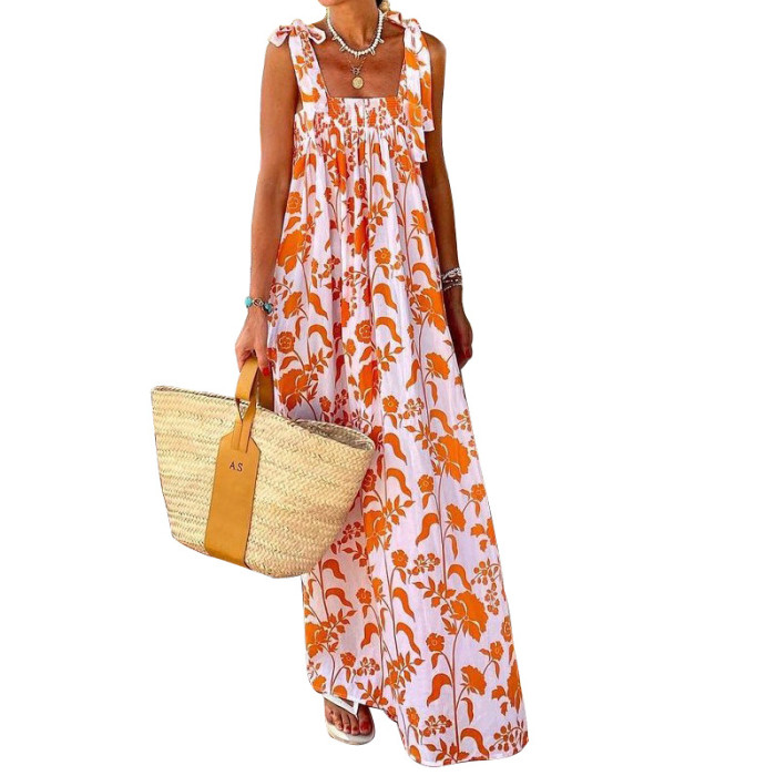 Women's New Printed Slip Lace-up Maxi Dress