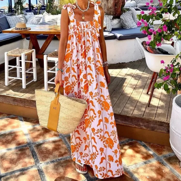 Women's New Printed Slip Lace-up Maxi Dress