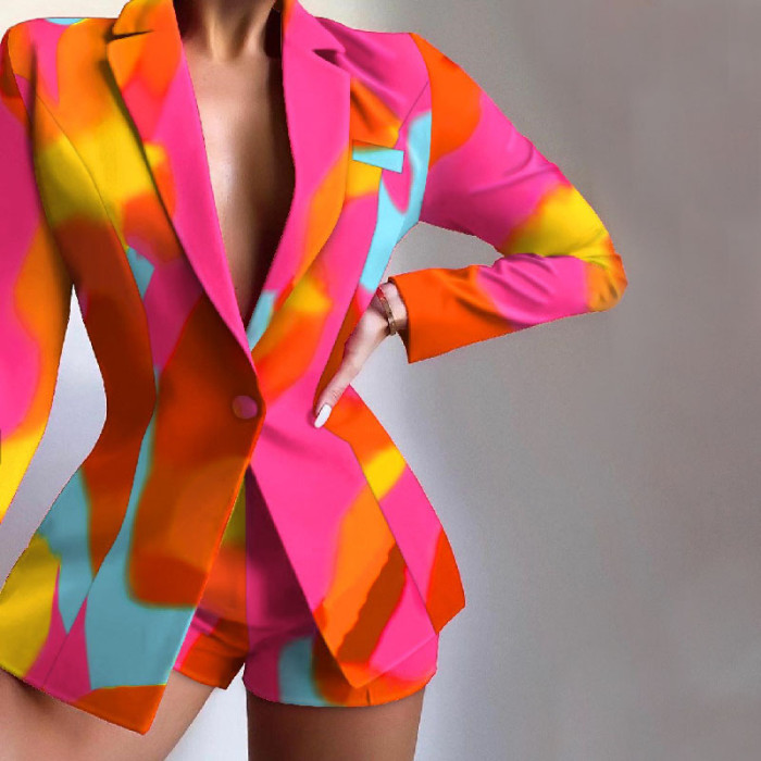Fashion Women's Casual Print Suit + Shorts Two-piece Set