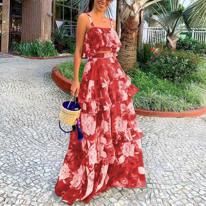 Women's Fashion Slip Top + Printed Ruffled Skirt Two-piece