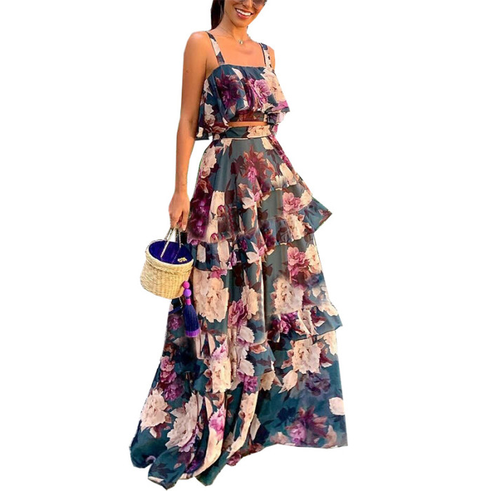 Women's Fashion Slip Top + Printed Ruffled Skirt Two-piece