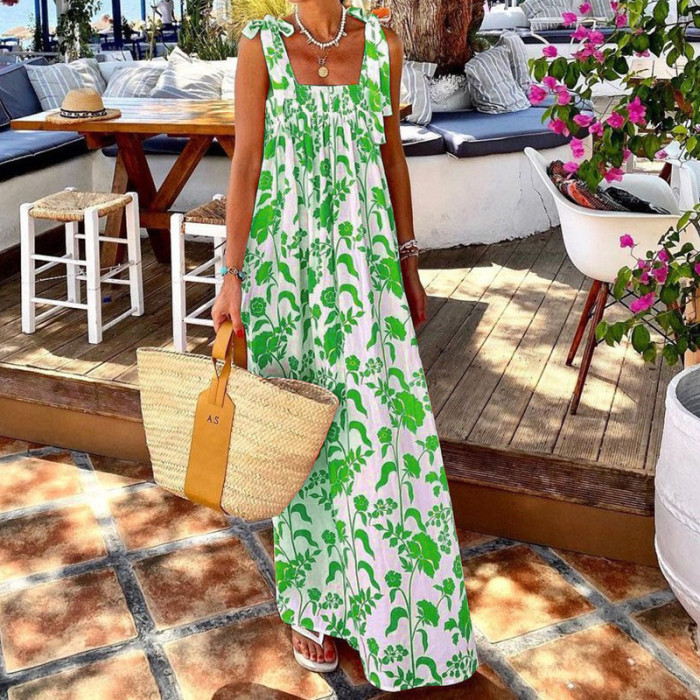 Women's New Printed Slip Lace-up Maxi Dress