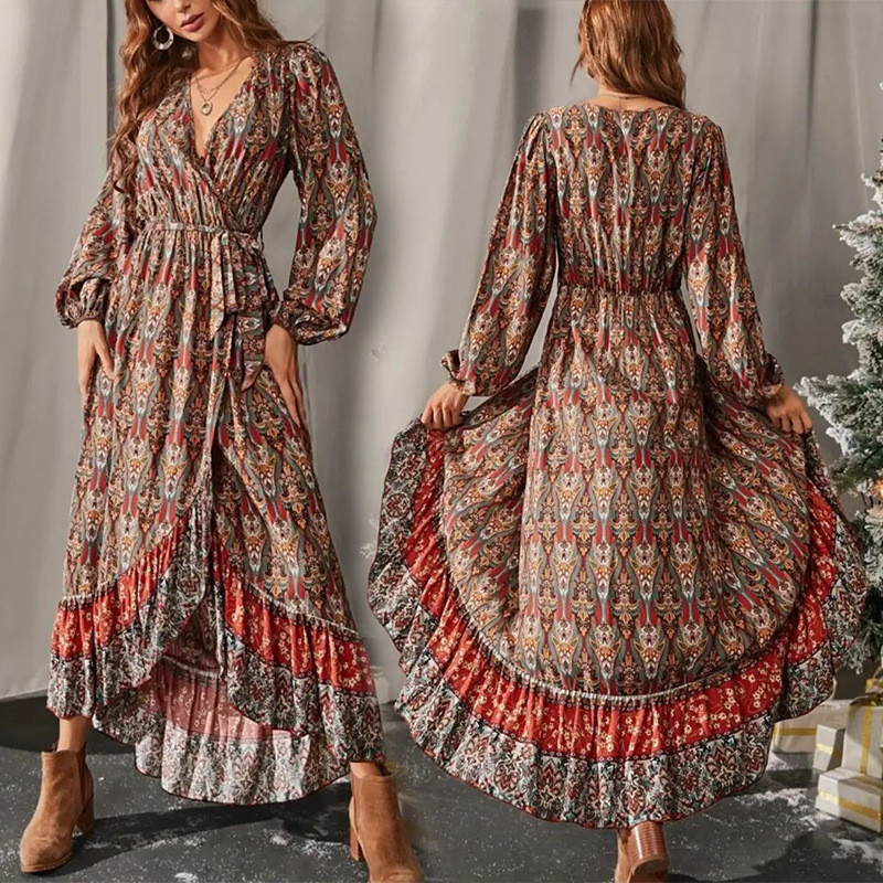 Women's New Long-sleeved Bohemian Print Maxi Dress