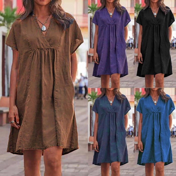 Women Solid Color V Neck Short Sleeve Loose Elegant Casual Dress