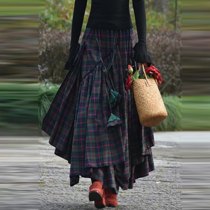 Fashion Women Loose Plaid Print Irregular Skirt