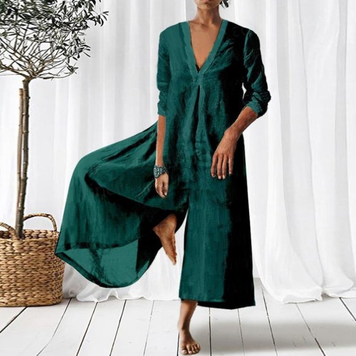 Women Cotton Linen Solid Loose Casual Vintage V Neck Wide Leg Jumpsuit