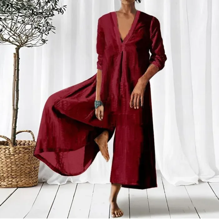 Women Cotton Linen Solid Loose Casual Vintage V Neck Wide Leg Jumpsuit