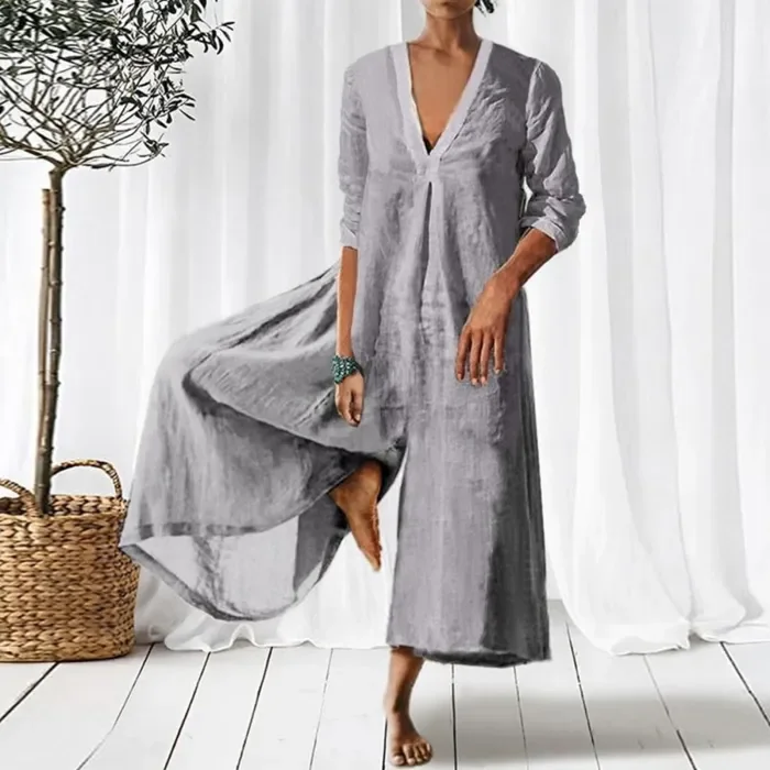 Women Cotton Linen Solid Loose Casual Vintage V Neck Wide Leg Jumpsuit