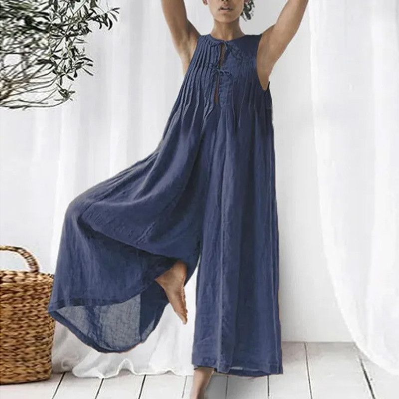 O Neck Hollow Ruched Sleeveless Wide Leg Cotton Linen Jumpsuit