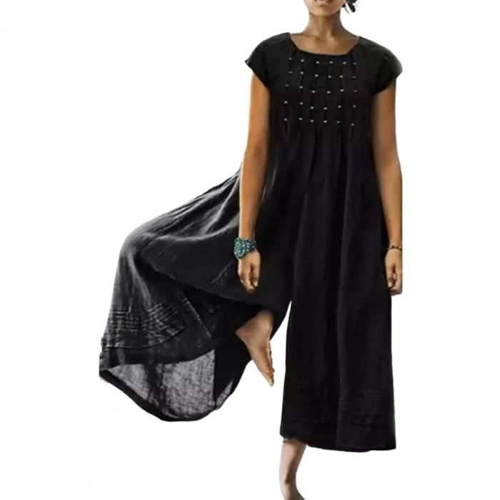 Women Loose Solid Color O Neck Elegant Vintage Wide Leg Jumpsuit