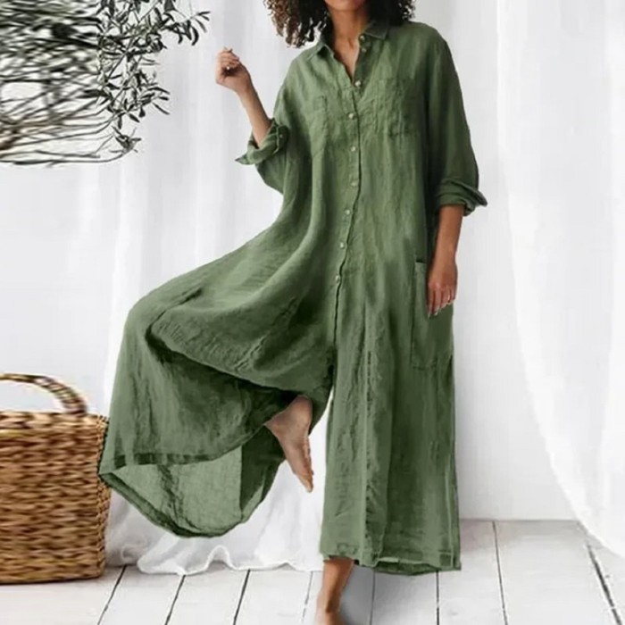 Retro Cotton Linen Wide Leg Jumpsuit