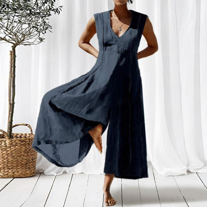Casual Vintage Elegant V Neck Sleeveless Solid Color Fashion Wide-Leg Jumpsuit