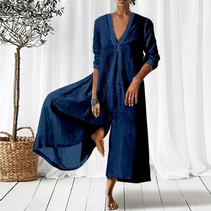 Women Cotton Linen Solid Loose Casual Vintage V Neck Wide Leg Jumpsuit