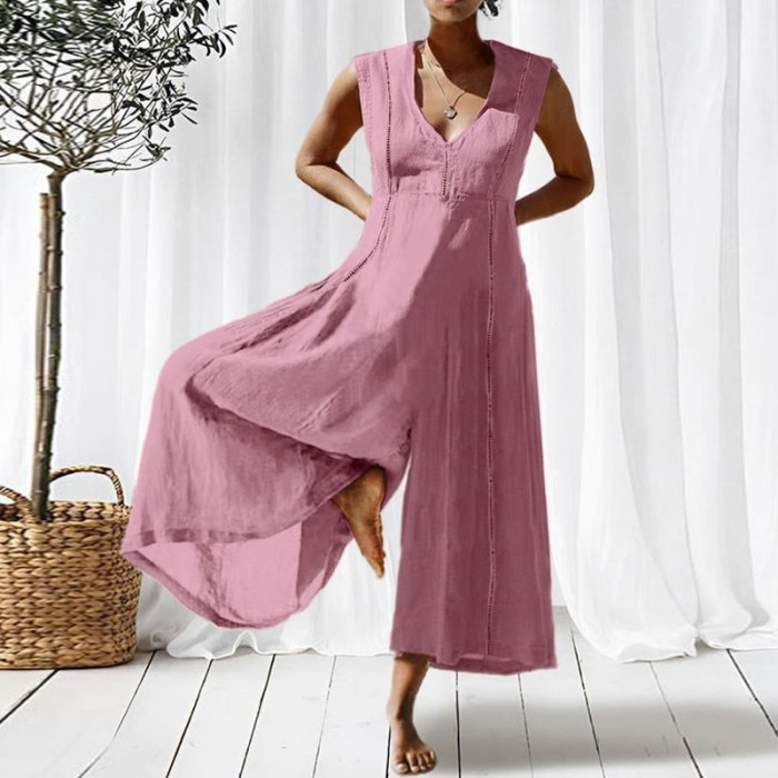 Casual Vintage Elegant V Neck Sleeveless Solid Color Fashion Wide-Leg Jumpsuit