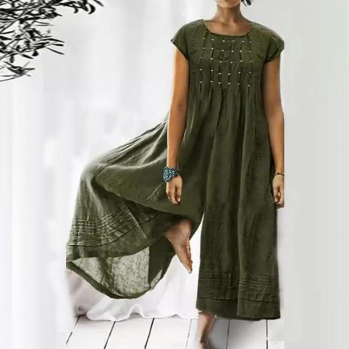 Women Loose Solid Color O Neck Elegant Vintage Wide Leg Jumpsuit