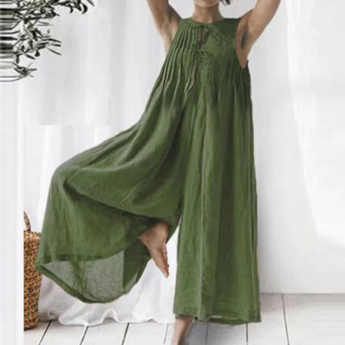 O Neck Hollow Ruched Sleeveless Wide Leg Cotton Linen Jumpsuit