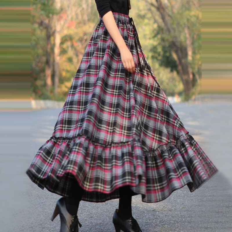 Women Plaid Printing Ruffle High Waist Fashion A-Line Skirts