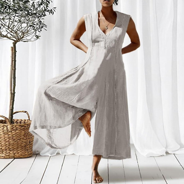 Casual Vintage Elegant V Neck Sleeveless Solid Color Fashion Wide-Leg Jumpsuit