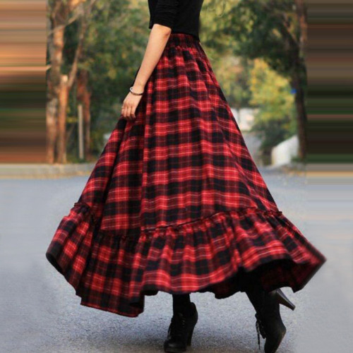 Women Plaid Printing Ruffle High Waist Fashion A-Line Skirts