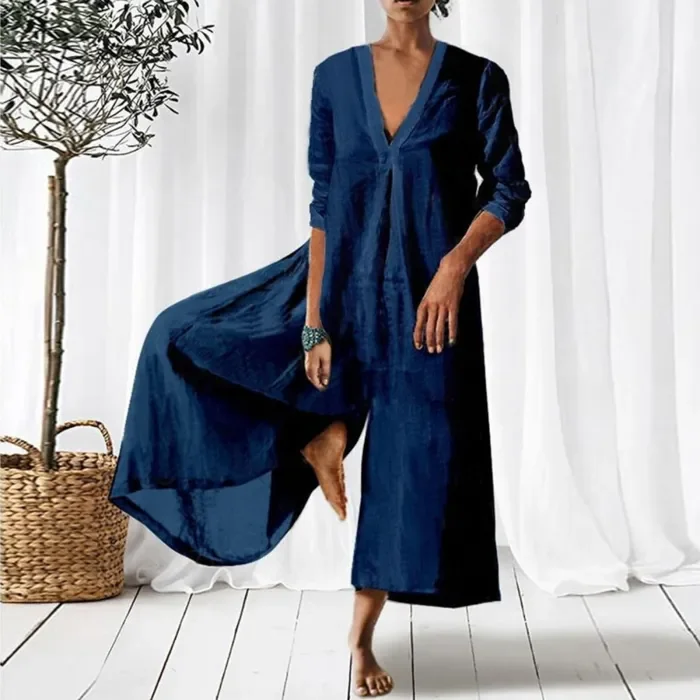 Women Cotton Linen Solid Loose Casual Vintage V Neck Wide Leg Jumpsuit