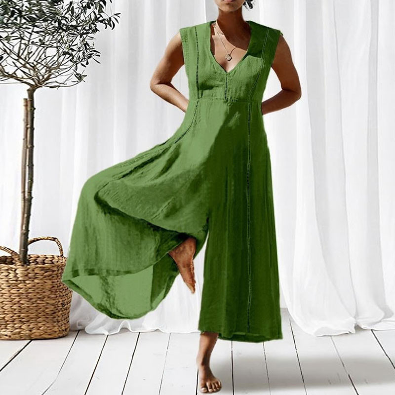 Casual Vintage Elegant V Neck Sleeveless Solid Color Fashion Wide-Leg Jumpsuit