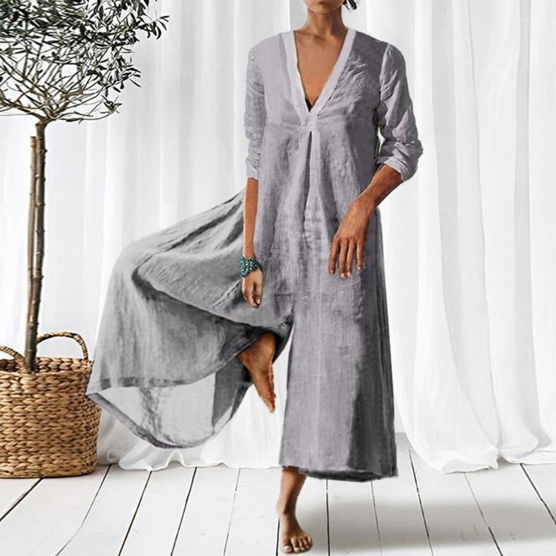 Women Cotton Linen Solid Loose Casual Vintage V Neck Wide Leg Jumpsuit