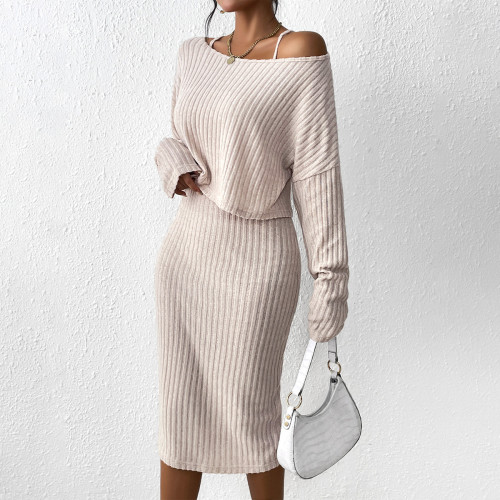 Women's Fashion Solid Color Round Neck Long Sleeve Top + Hip Cover Skirt Set