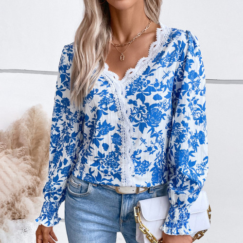 Women's Casual Printed Long Sleeve V-Neck Blouse