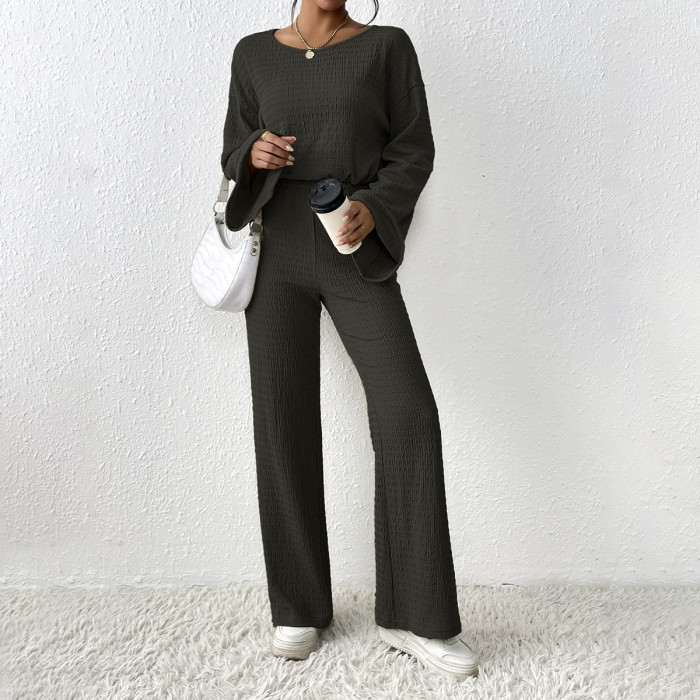 Fashionable Women's Solid Color Round Neck Long Sleeve Top + Casual Pants Two Pieces Set