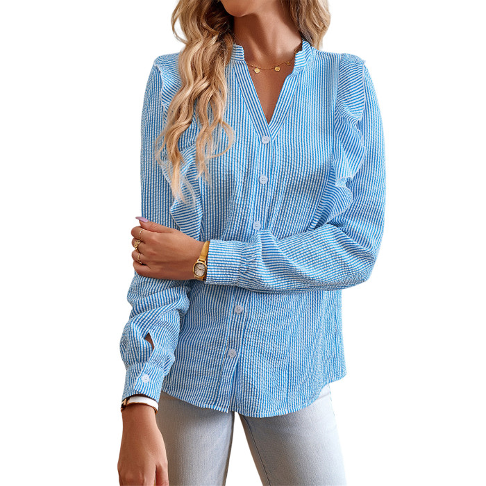 Women's V-neck Striped Print Long Sleeve Blouse