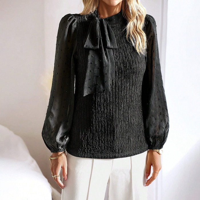 Women's Elegant Solid Color Jacquard Long Sleeve Blouse